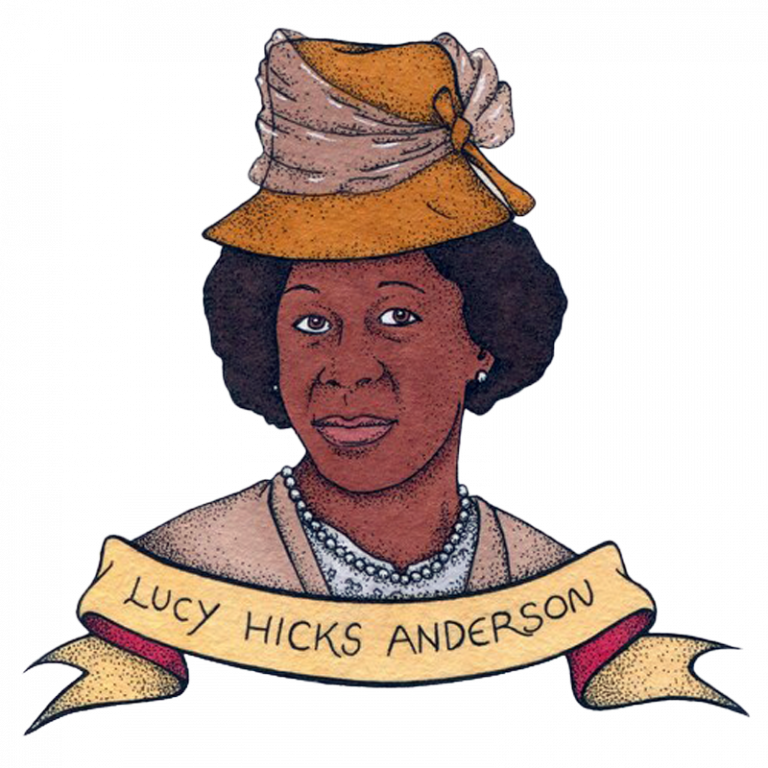 a picture of a black women with and afro wearing a yellow hat white pearls and peach jacket with a white shirt. the words Lucy hicks Anderson are under her.