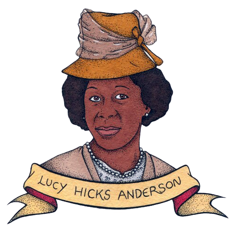 a picture of a black women with and afro wearing a yellow hat white pearls and peach jacket with a white shirt. the words Lucy hicks Anderson are under her.