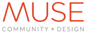 The red words read muse and the words under them in grey read community plus sign design